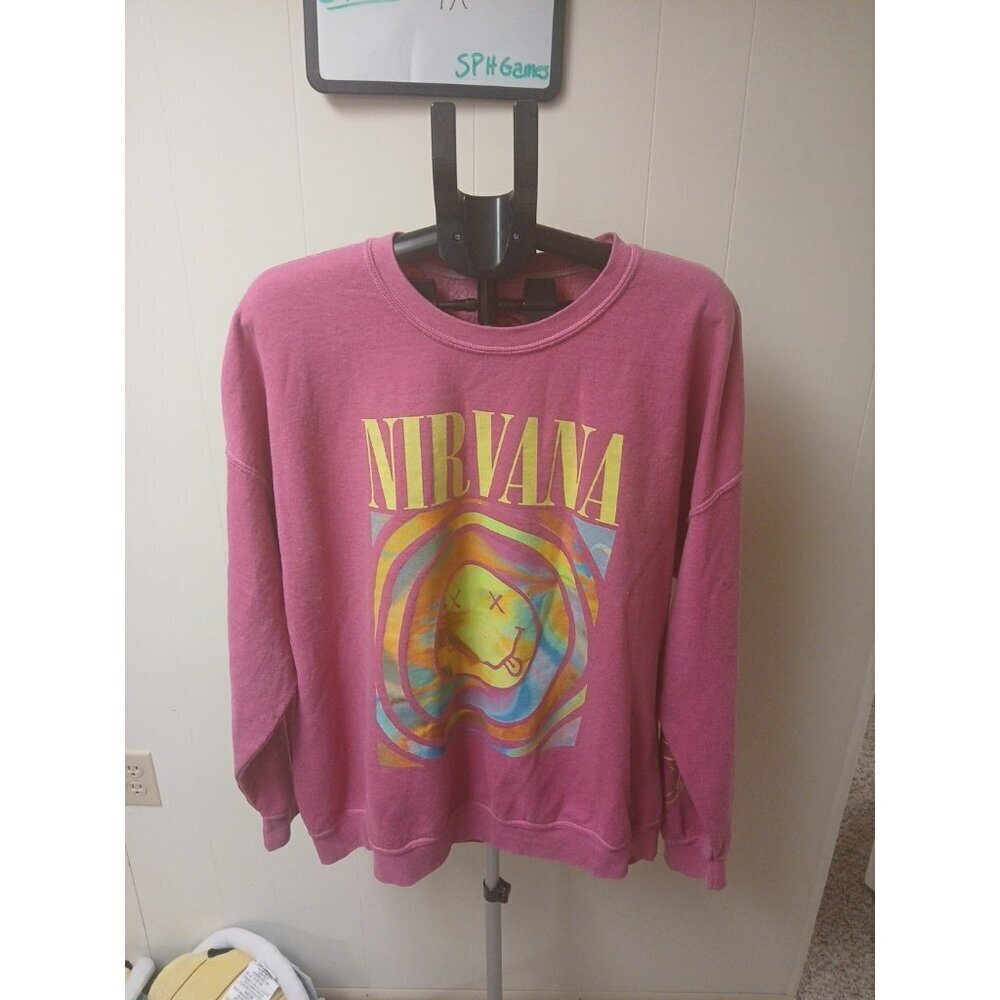 Nirvana Sweatshirt Mens Size Medium Pink OVERSIZED Fit 90s Grunge Band Retro - Picture 1 of 8